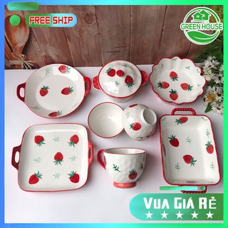 Green House - Set Bát Đĩa Dâu Tây Bát đĩa ăn cơm ăn mì, decor bàn ăn dễ thương