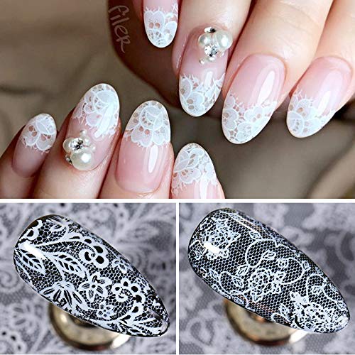 Set 16 miếng dán móng tay chuyển nước bằng giấy ren hoa màu đen trắng tự dính nghệ thuật