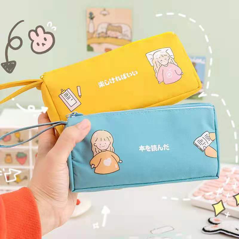 Túi Đựng Bút Chì / Mỹ Phẩm Bằng Vải Canvas Họa Tiết Hoạt Hình Dung Tích Lớn Tiện Dụng Cho Nữ