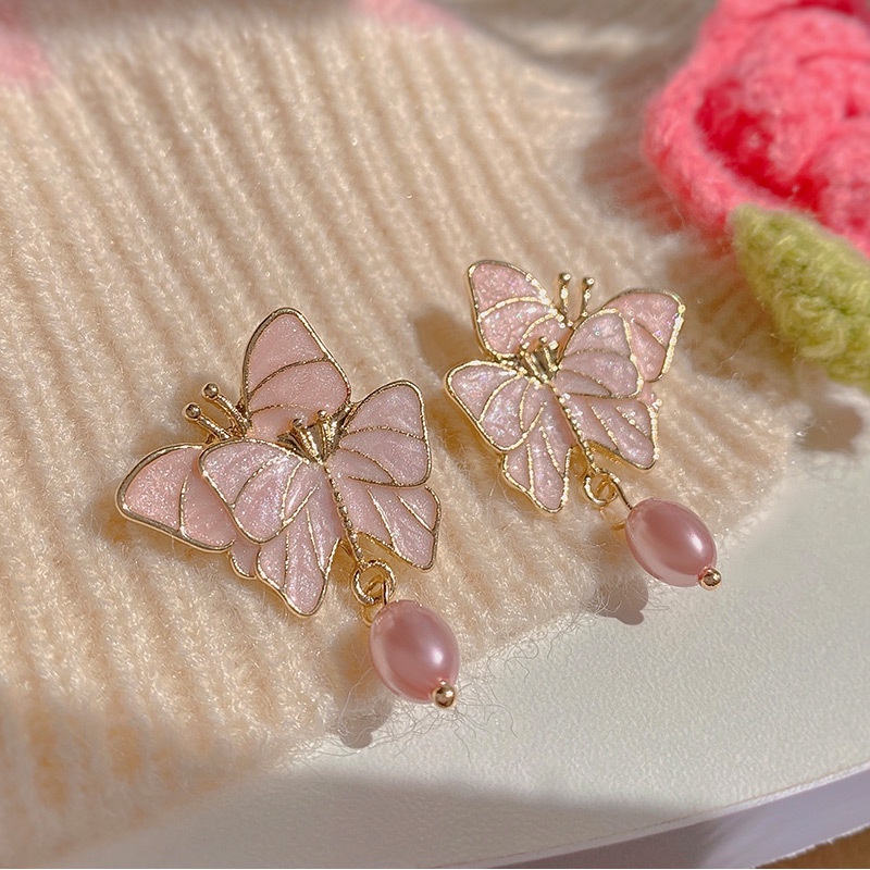 Khuyên Tai Hình Bướm Hồng Đính Ngọc Trai Đơn Giản Dễ Thương Cho Nữ