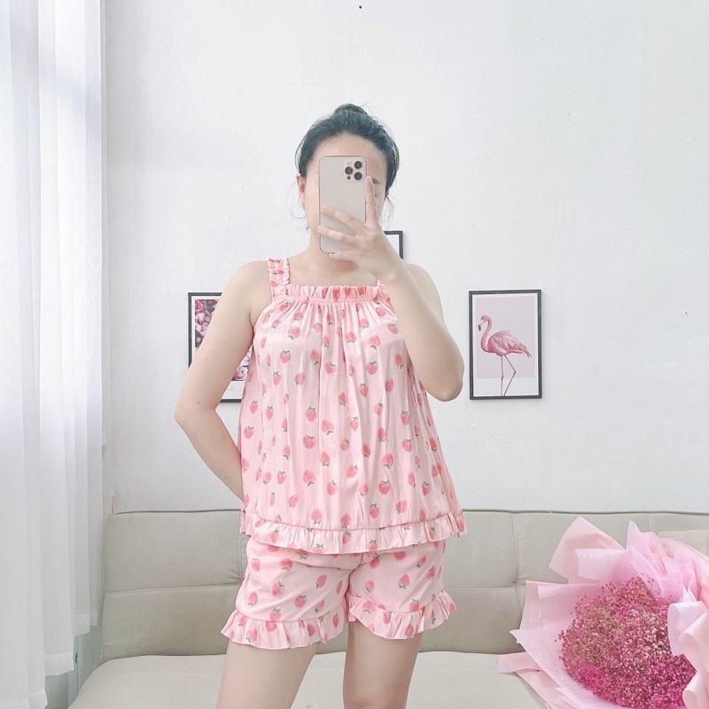 Bộ mặc nhà Pyjama hai dây chất đũi nhắn Hàn Tea Store chất vải mềm họa tiết dễ thương