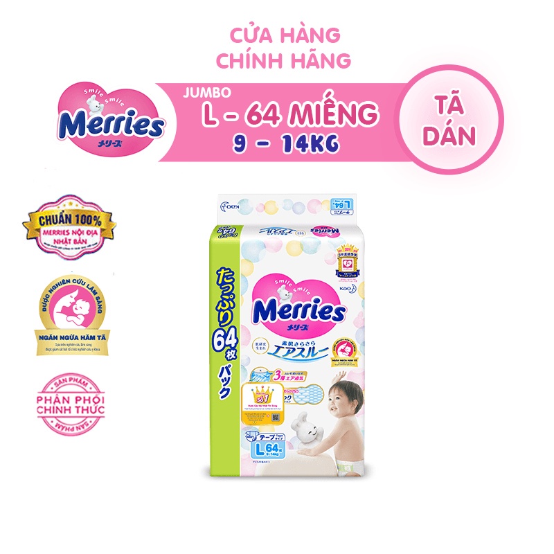 Tã dán Merries size NB90 M64  L64 Siêu thấm Làm Từ Chất Liệu Bông Tự Nhiên Trên Dây Chuyền Công Nghệ Hiện Đại