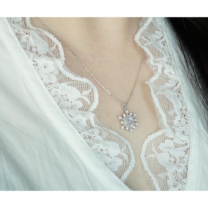 "Ocean Princess" BY-2021 Natural Moonstone Snowflake Necklace with Diamond Snowflakes S925 Silver Clavicle Chain Female