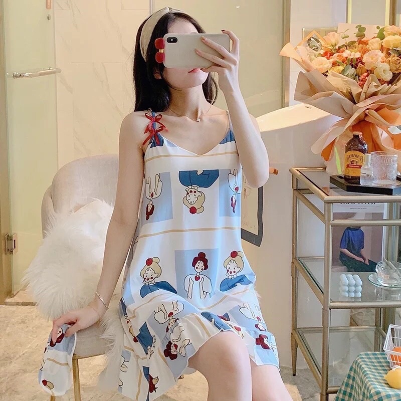 VÁY NGỦ HAI DÂY CHẤT COTTON STYLE HÀN SIÊU XINH TẶNG KÈM MÚT ĐỆM NGỰC