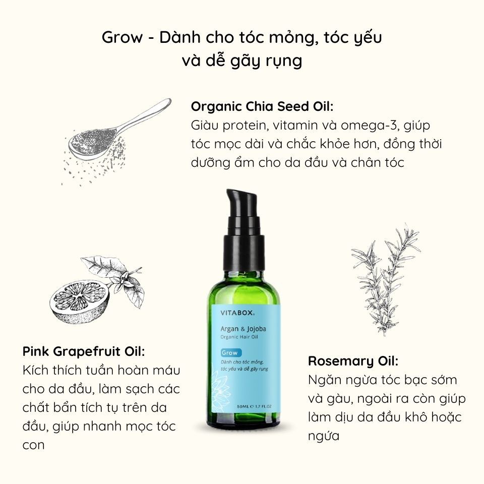 Dầu dưỡng tóc VITABOX Argan Jojoba – cho tóc mỏng, yếu và dễ gãy rụng - Grow organic hair oil