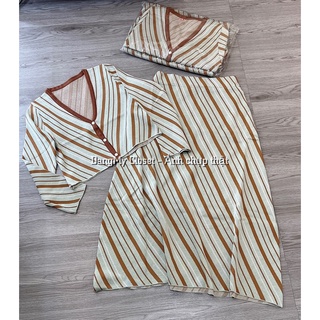 Set len kẻ áo croptop chân váy dài