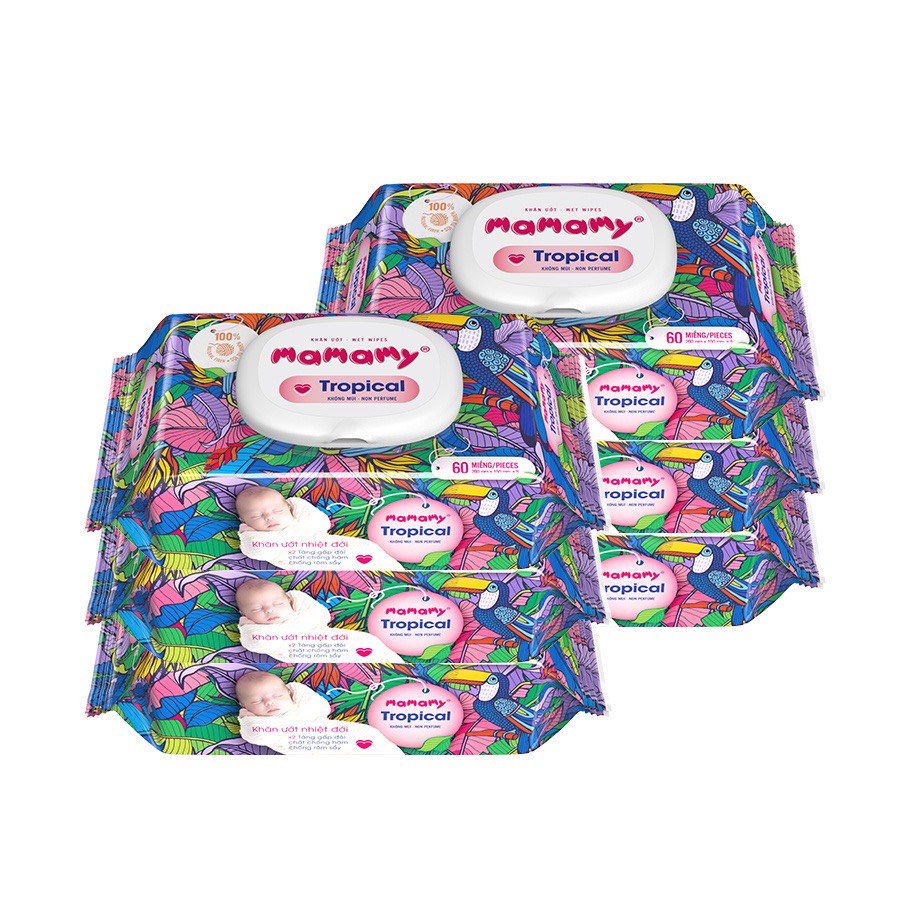 Khăn ướt Mamamy Tropical chính hãng mẫu mới 100% sợi tự nhiên ( Mẫu không mùi và Hoa cúc vạn thọ )