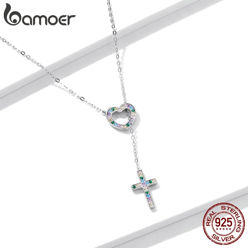 Vòng cổ bạc 925 BAMOER BSN244 dài 42.5cm mặt thánh giá thời trang cho nữ