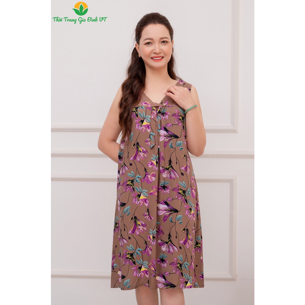 Đầm váy họa tiết nữ Việt Thắng xuân hè sát nách chất lanh (tole) - V02.2208