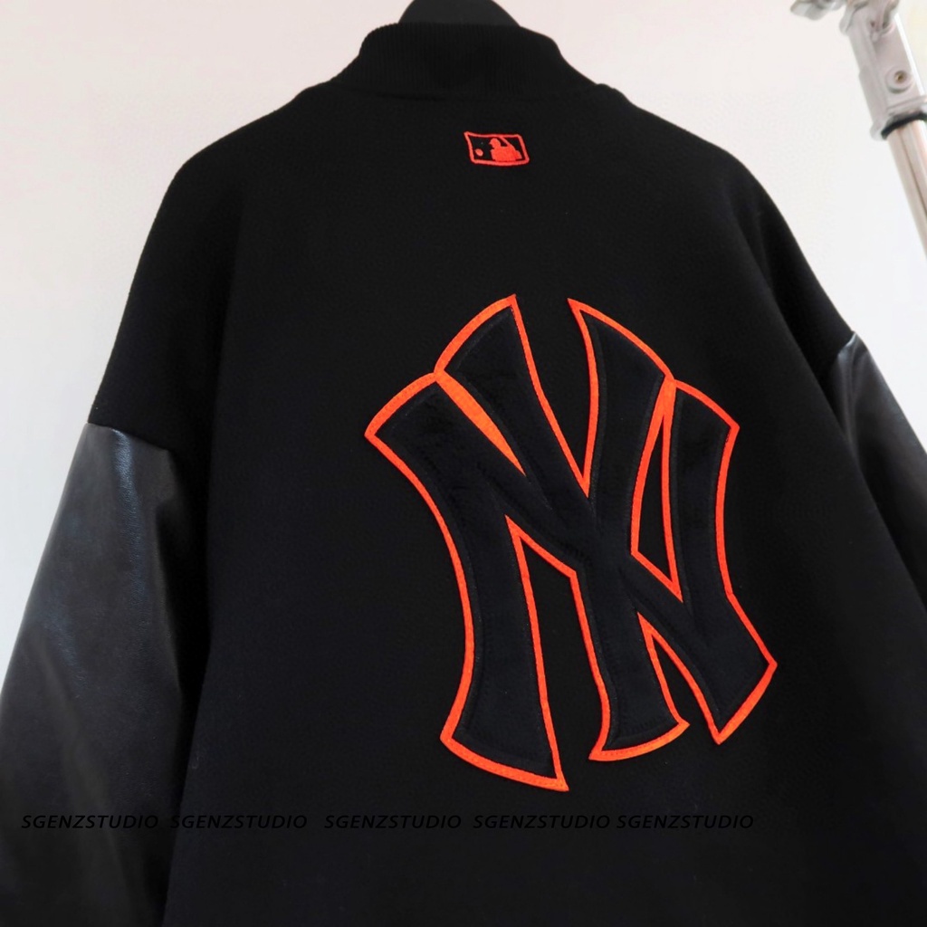 Áo varsity jacket MLB NY vải nỉ dày dặn phối tay da,Áo bomber nỉ form rộng nam nữ phong cách