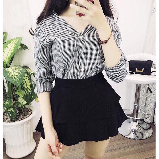 BB51 Áo sơ mi cách điệu kiểu cổ V