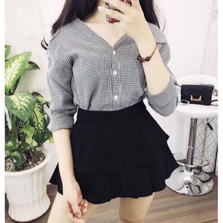 Bb51 áo sơ mi cách điệu kiểu cổ v
