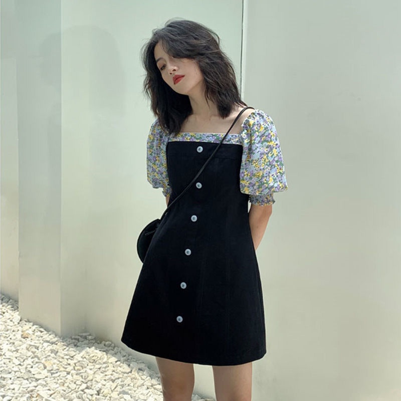 Đầm Voan Hoa Cổ Vuông Tay Phồng Thời Trang Mùa Hè Hàn Quốc Mới 2022