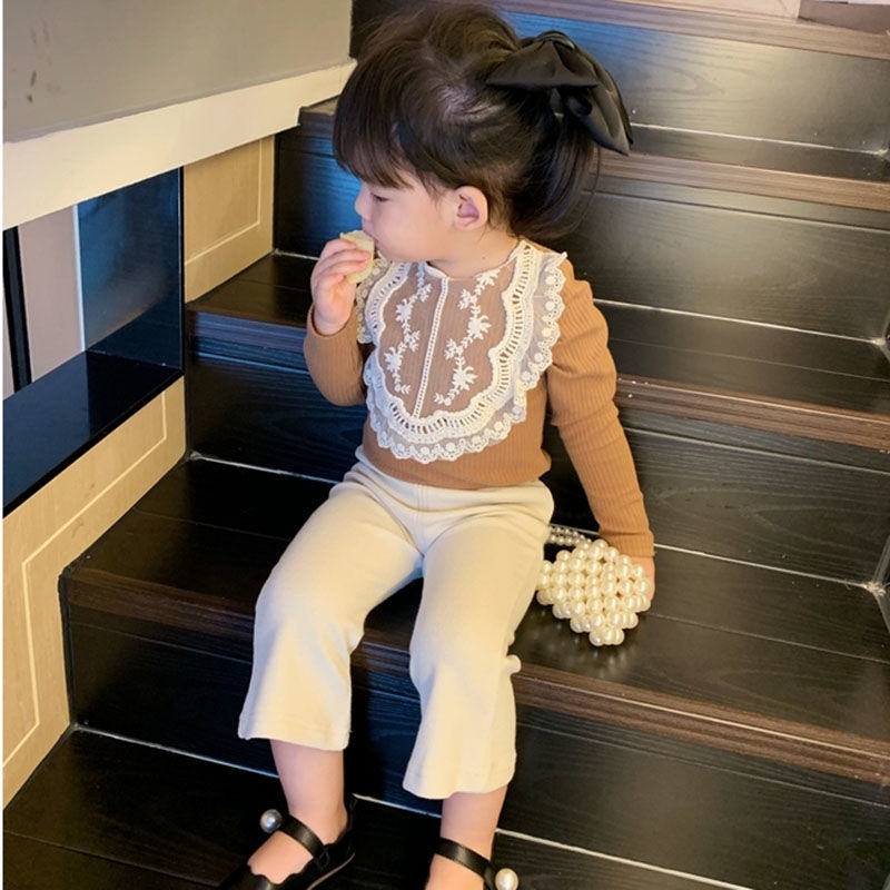 Áo thun tay dài phối ren cổ điển thiết kế mới thời trang xuân thu cho bé gái