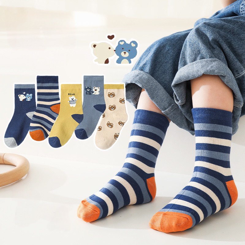 Set 10 Đôi Tất Cao Cổ Trẻ Em Họa Tiết Gấu Kẻ Xanh Siêu Hot
