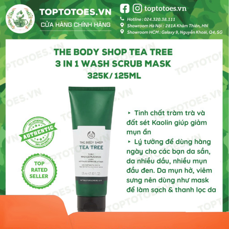 HOT CĂNG Sữa rửa mặt kiêm mặt nạ và tẩy tế bào chết The Body Shop Tea Tree 3 In 1 Wash Scrub Mask làm sạch sâu, detox, g