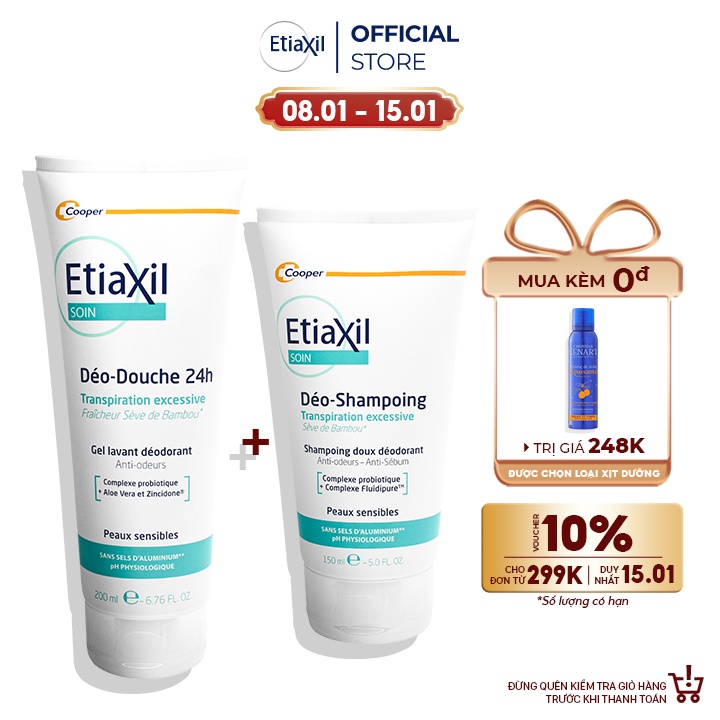 Combo Dầu Gội Điều Tiết Bã Nhờn 150ml &amp; Gel Tắm Làm Sạch Khử Mùi 200ml Etiaxil