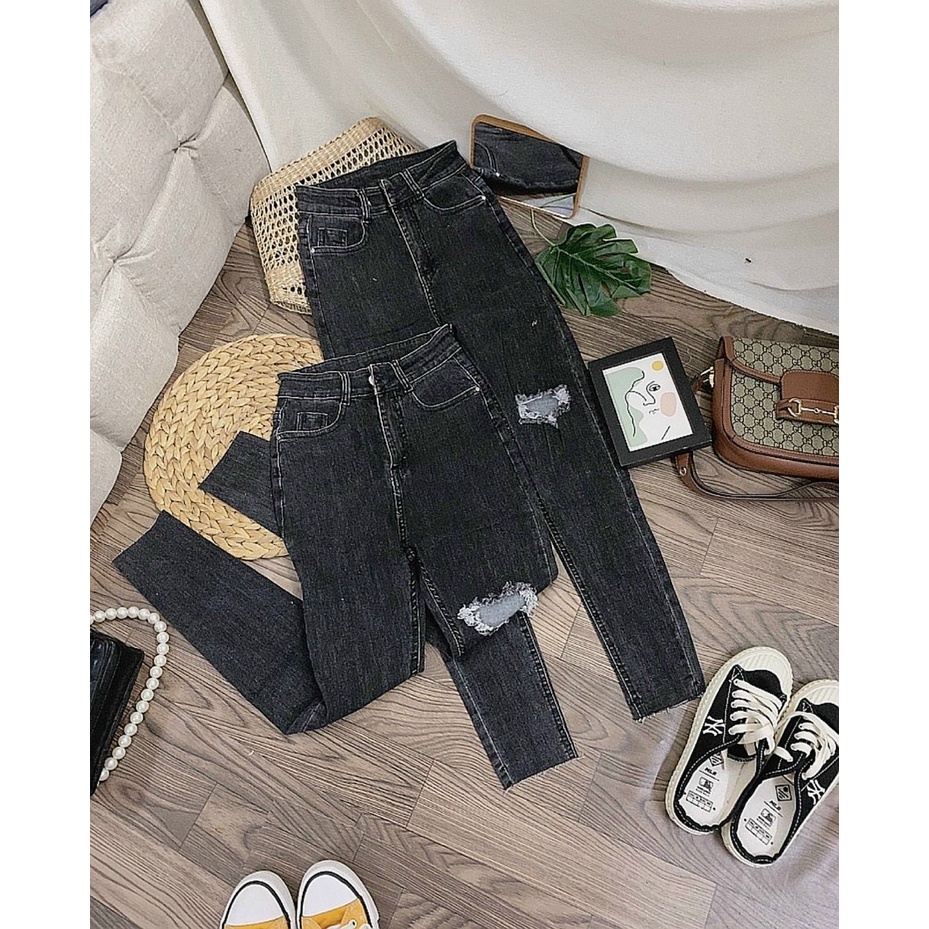 Quần jean nữ lưng cao phủ rốn rách gối form đẹp QJ394