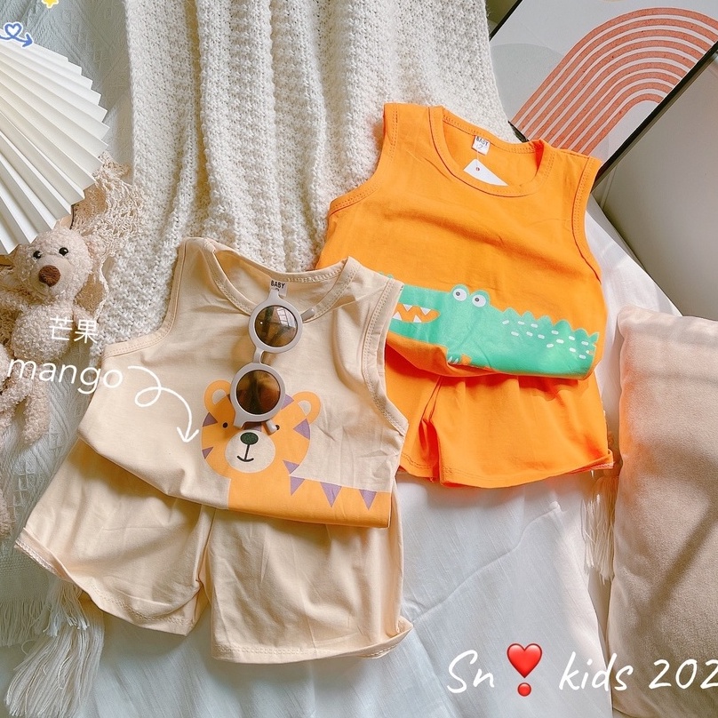 Bộ đồ cotton ba lỗ cho bé trai gái hình thú dễ thương từ 8-18kg