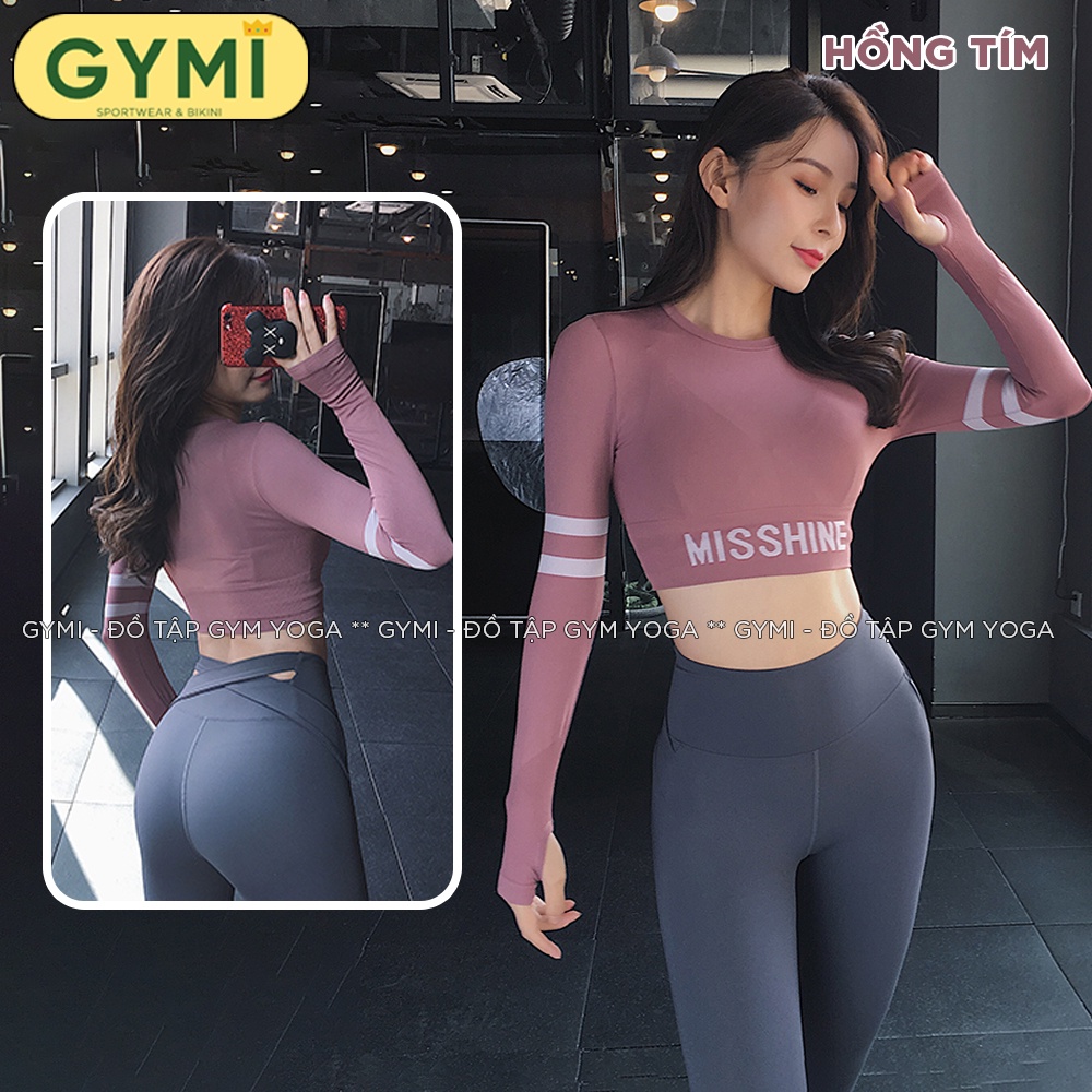 Áo tập gym yoga nữ dài tay GYMI AD11 dáng croptop thể thao chất dệt co giãn logo Misshine vải mịn mát