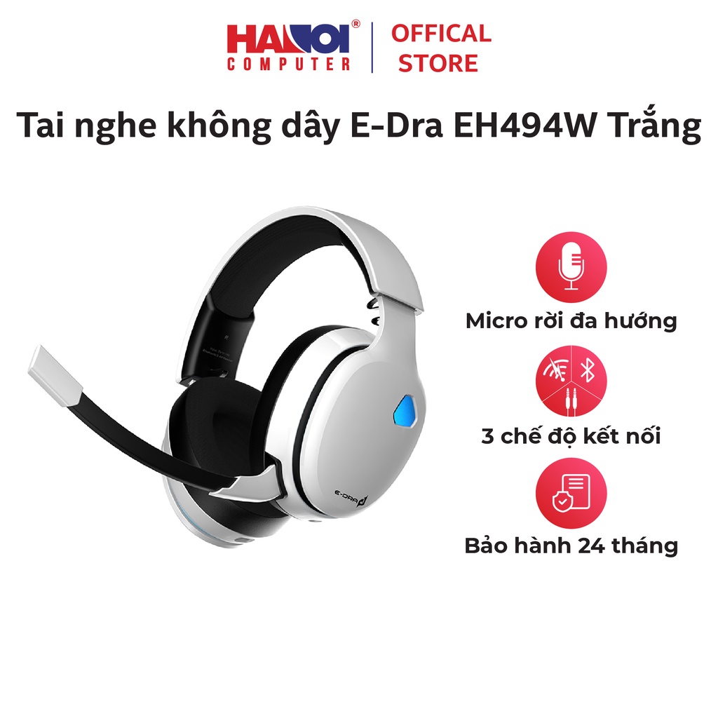 Tai nghe không dây E-Dra EH494W Trắng (Bluetooth, Wireless 2.4G) Mic đa hướng có thể tháo rời