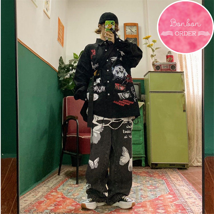 QUẦN JEAN ULZZANG ỐNG RỘNG IN HÌNH BƯỚM - [Bonbon Order Ulzzang]