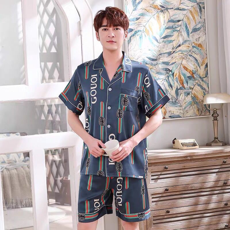 đồ ngủ lụa băng dành cho nam mùa hè quần đùi ngắn tay mỏng giới và béo cộng với kích thước phục vụ tại nhà