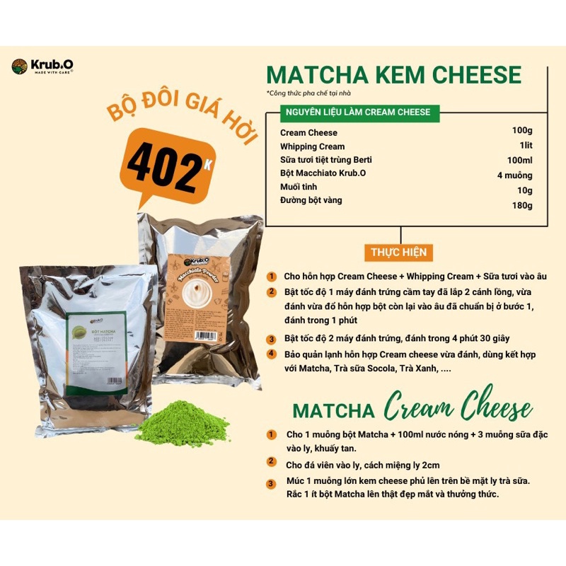 BỘT TRÀ XANH - BỘT MATCHA 100% nguyên chất - thương hiệu Krub O - Sản xuất tại Việt Nam