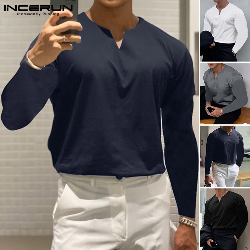 Áo INCERUN dài tay cổ chữ V màu trơn thời trang mùa xuân dành cho nam có 4 màu tùy chọn