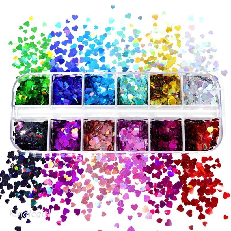 KING 12 Grids/Box Holographic Glitter Love Heart Shape Epoxy Resin Filling Sequins