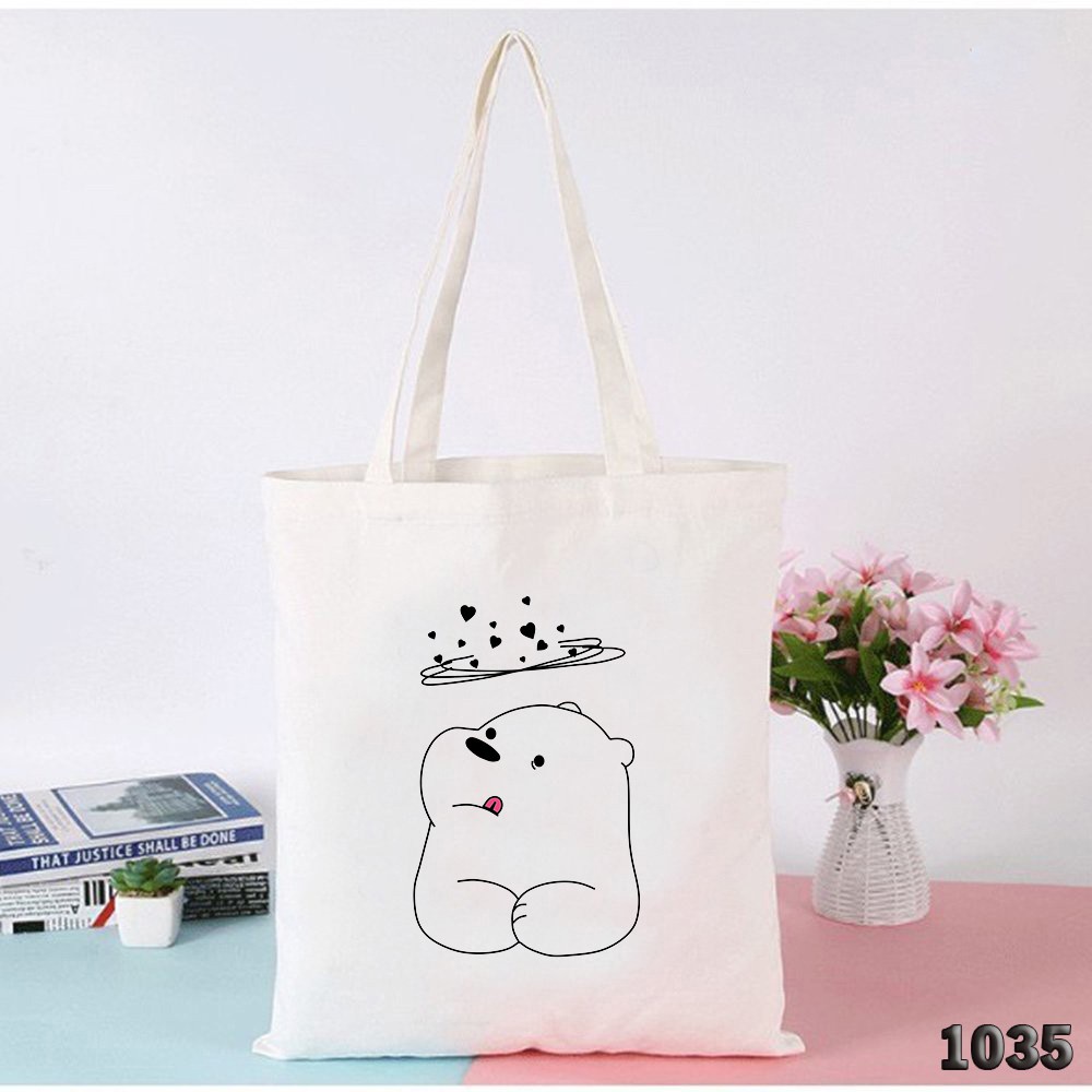 Túi Tote Trắng Chất Vải Canvas 1035 Chú Gấu Tim Xoay Vòng Dễ Thương Hàng Chuẩn Đẹp - Hazo