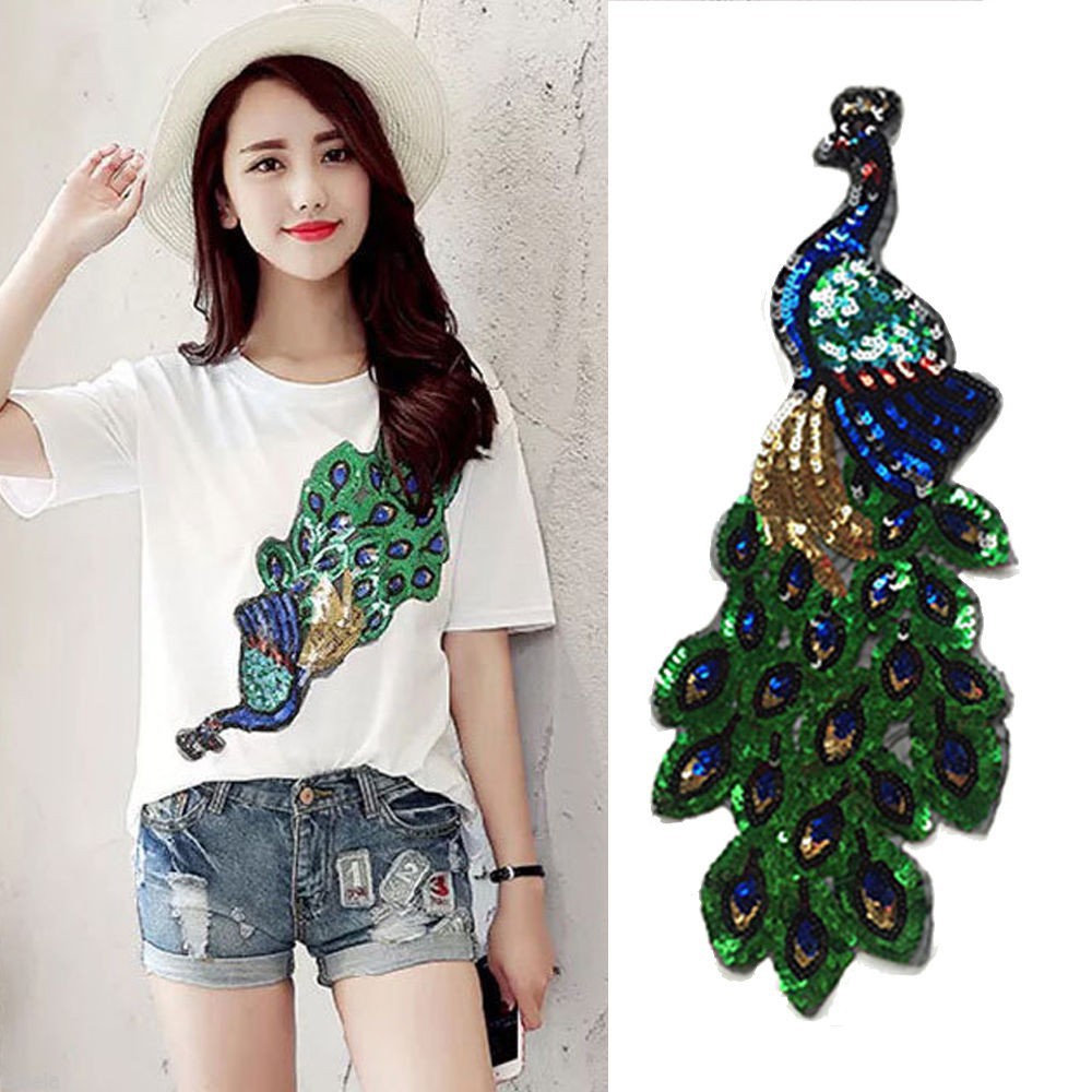 Miếng dán trang trí kiểu ủi/ thêu hình chim công lấp lánh