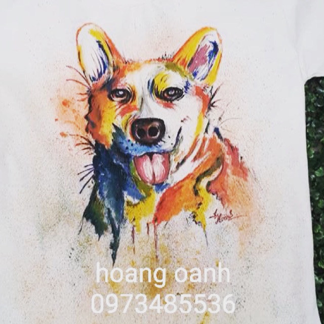 Áo trắng hình chó vẽ tay 100%