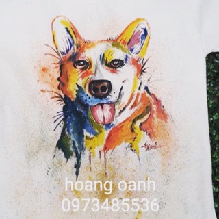 Áo trắng hình chó vẽ tay 100%