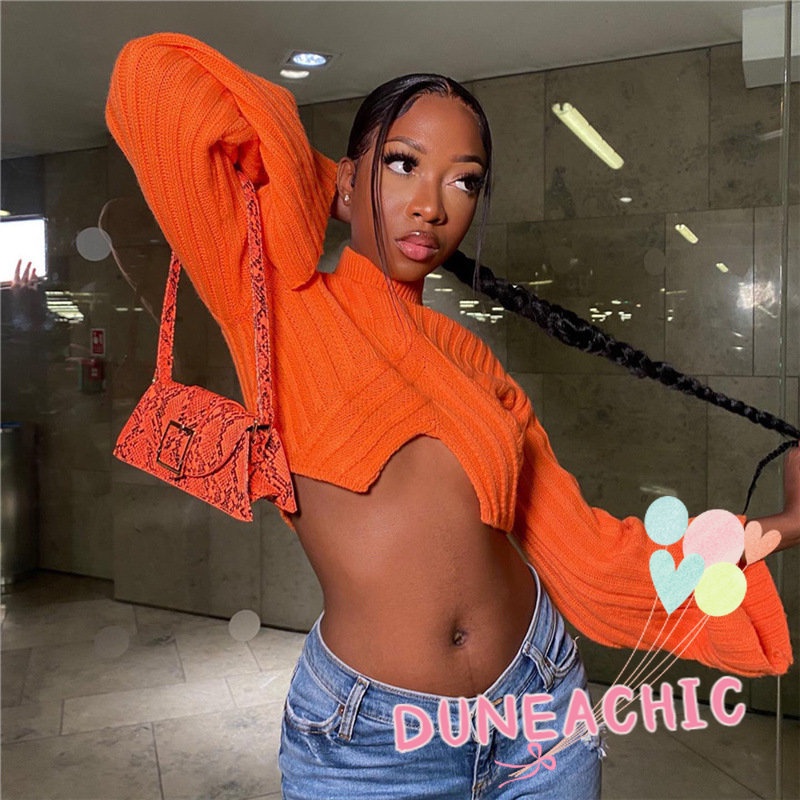 DUNEA Áo Sweater Dệt Kim Tay Loe Cổ Tròn Thiết Kế Quyến Rũ Cho Nữ