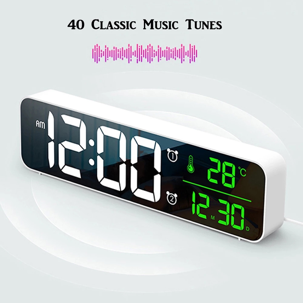 [LED Digital Display Music Alarm Clock][LED Mirrored Clock With Temperature Thermometer&amp;Calendar][Fashion Digital Clocks For Home Living Room Bedroom Office Wall Decoration]