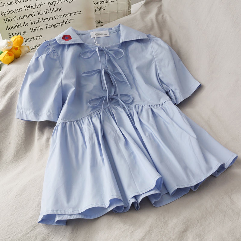 Áo Sơ Mi Ngắn Tay Dáng Rộng Cổ Búp Bê Thêu Họa Tiết Xinh Xắn Dành Cho Nữ