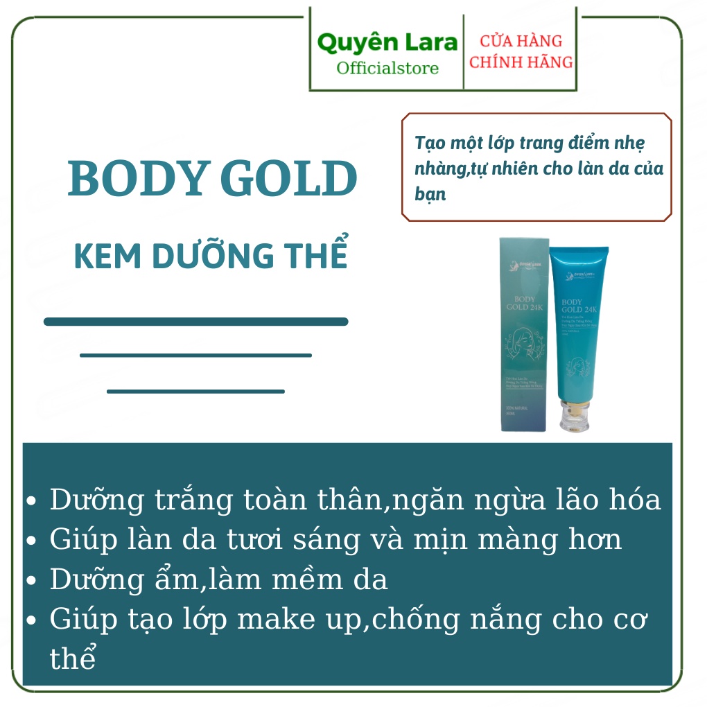 Dưỡng Thể Trắng Da Body Gold 24k Quyên Lara,Trẻ Hóa Làn Da,Dưỡng Da Trắng Hồng Hiệu Quả Ngay Sau 2 Tuần Sử Dụng 160 ml