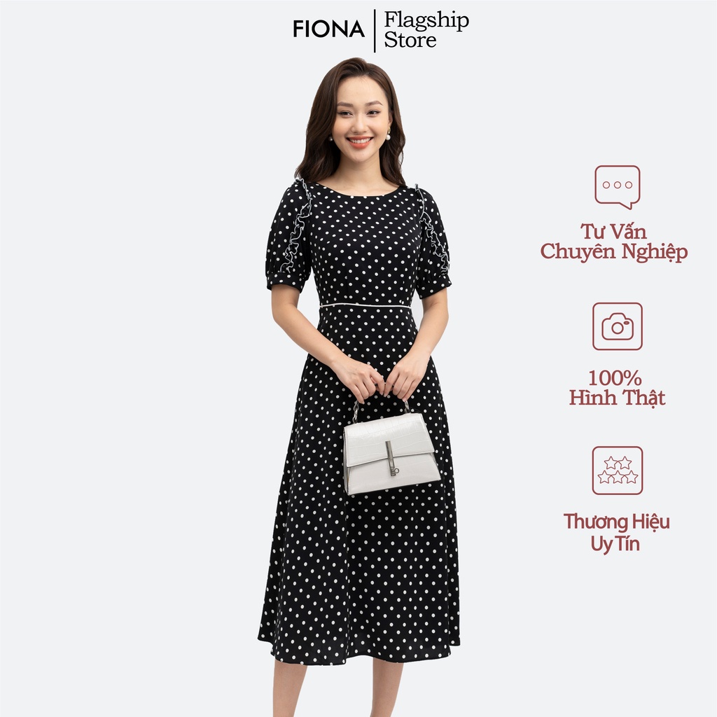 Đầm nữ dáng xòe váy dài họa tiết chấm bi, đầm công sở thiết kế FIONA F452256