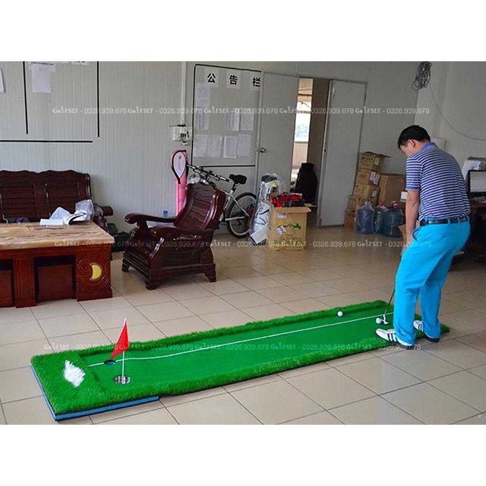Thảm Tập Putt Golf Vạch Trắng Kích Thước 0.5x3m/ 0.75x3m/ 2 lỗ Golf/ Tặng Kèm 3 Bóng Golf Cũ