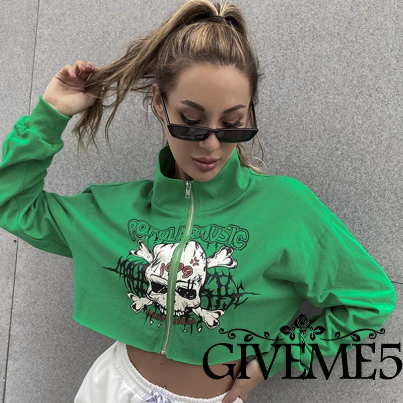 Áo Croptop Tay Dài In Hình Đầu Lâu Sáng Tạo Có Khóa Kéo Cho Nữ