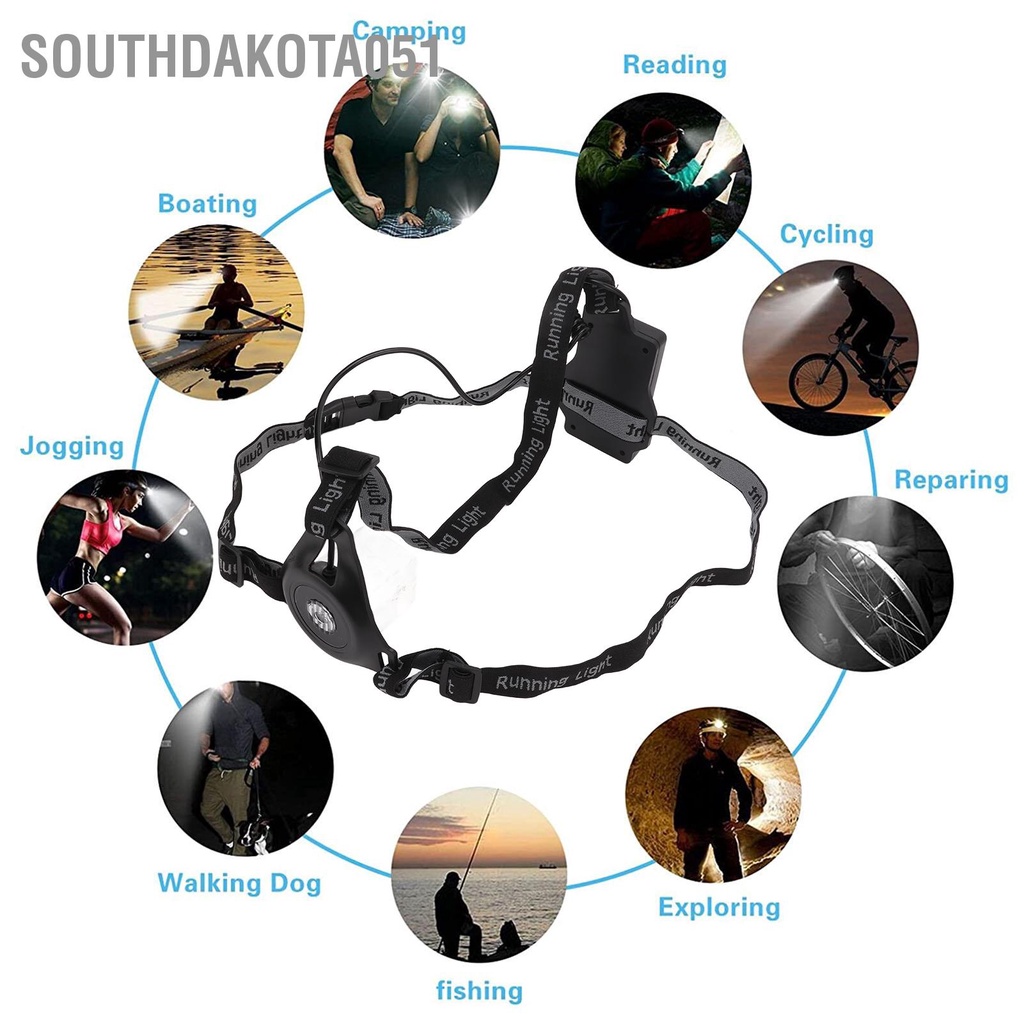 Southdakota051 Đèn LED đeo ngực chạy ban đêm 3 chế độ IP65 USB chống nước có thể sạc lại cho thao ngoài trời Cắm trại Chạy bộ Đi đường dài