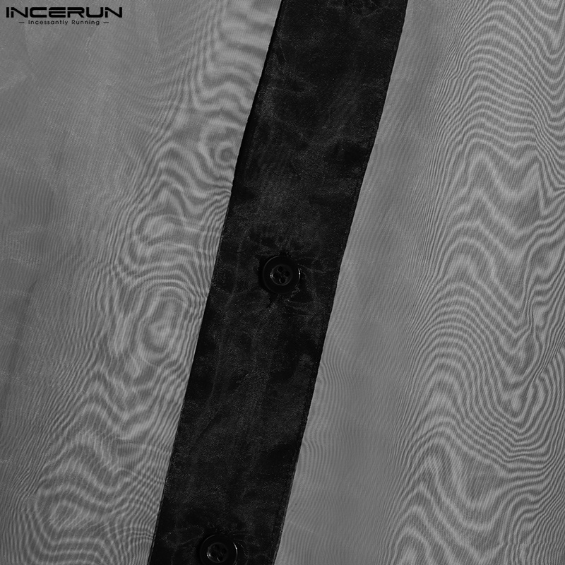 Áo sơ mi INCERUN tay dài nhìn xuyên qua màu đen thời trang phương Tây cho nam