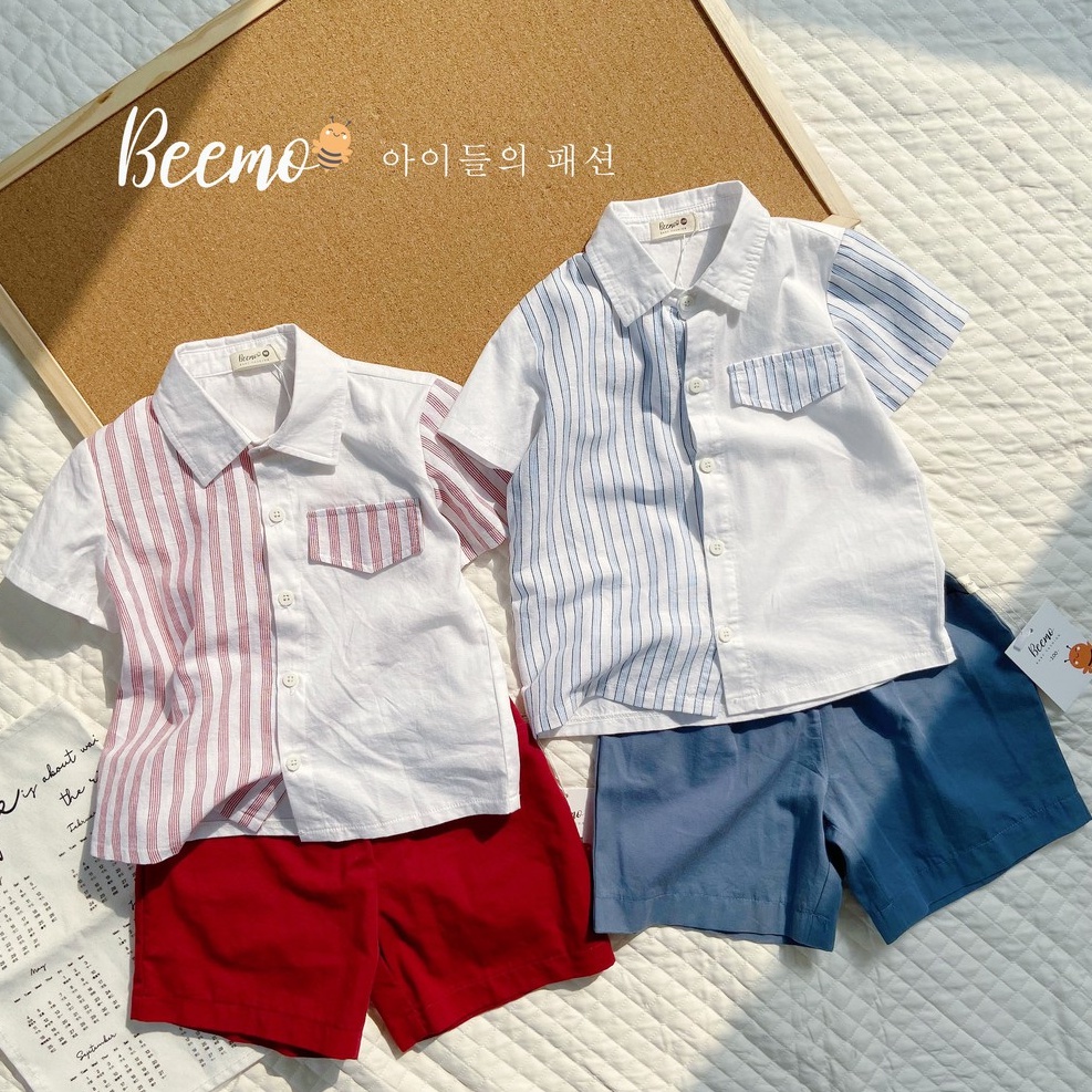 Bộ bé trai sơ mi trắng phối kẻ sọc đỏ, xanh phong cách HQ_Beemo