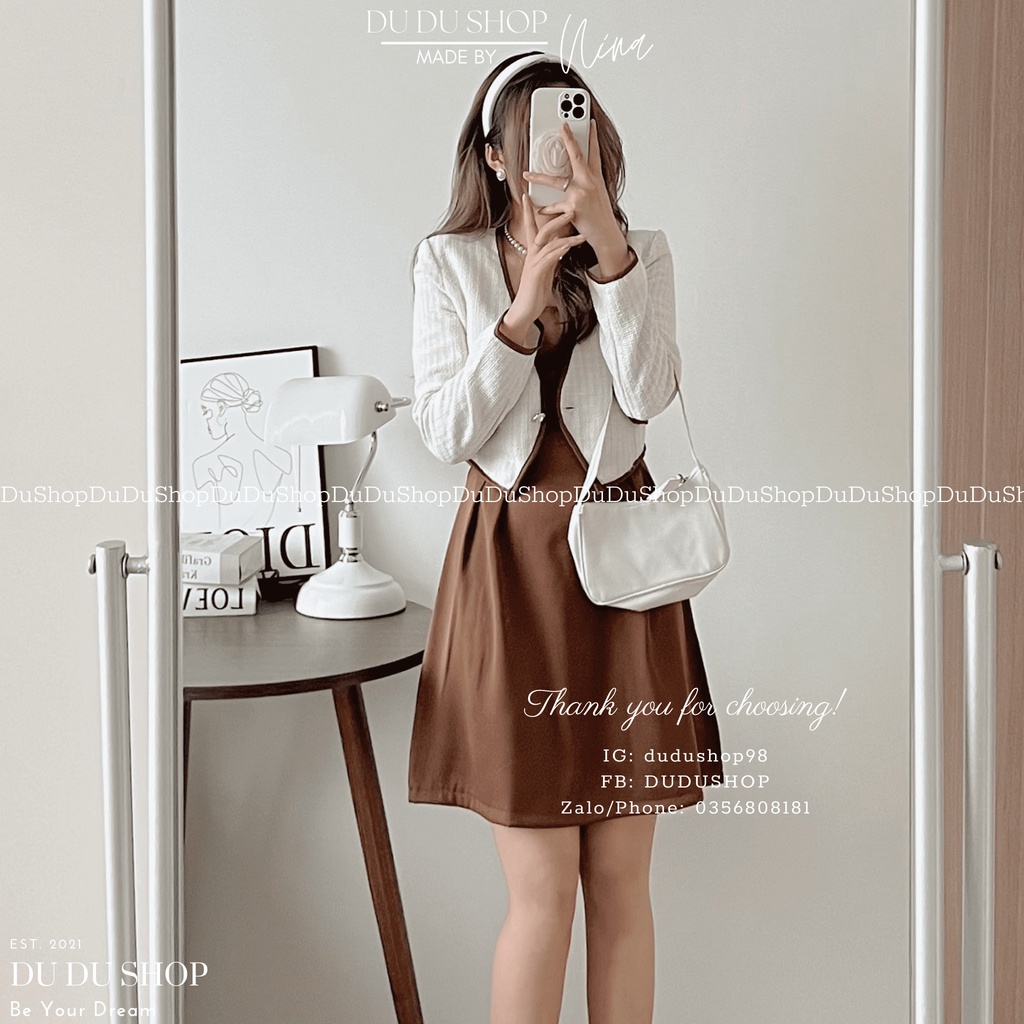 ( Ảnh thật shop em) Set váy hai dây mix áo khoác ngoài chất dạ mỏng mềm tiểu thư Hàn Quốc