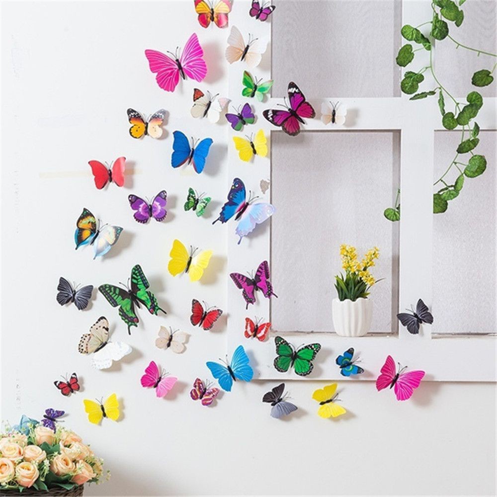 Set 24 Miếng Dán Tường / Tủ Lạnh Hình Bướm 3d Nhiều Màu Độc Đáo Trang Trí Nhà Cửa Diy