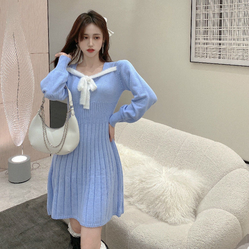 French Slim Knit Dress Women's 2021 Spring Dress New Korean Version Versatile Slim Temperament Net Red Long Sleeve Skirt