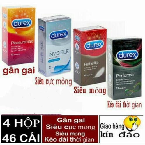 [COMBO 4 Hộp] Bao cao su Durex Performa, Bcs Fertherlite Siêu Mỏng, Pleasuremax Gai Nhỏ Liti, iNViSiBLE Ôm Sát - 46 cái