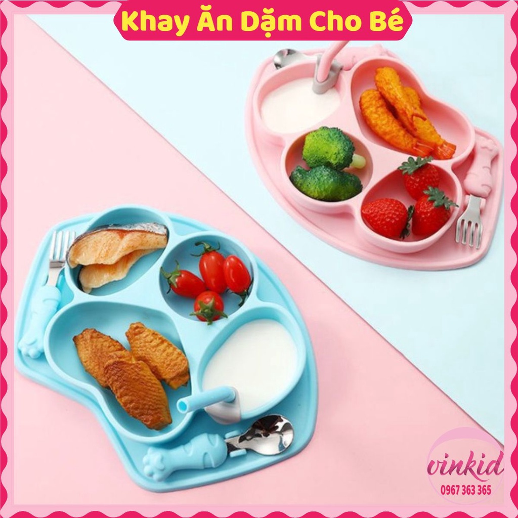Khay ăn dặm silicon cho bé mềm mại cao cấp hút chân không chống đổ kèm thìa dĩa ống hút an toàn VINKID