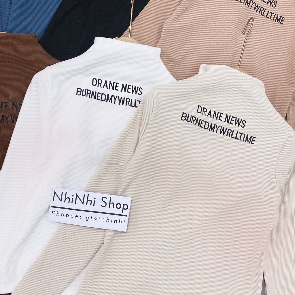 Áo tăm nhung cổ tròn thêu chữ DR dài tay, Áo phông cổ cao dáng ôm AS6504 - NhiNhi Shop